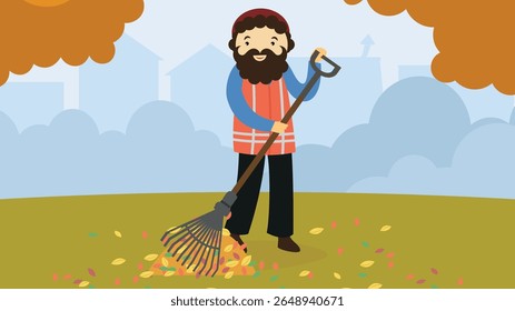 Illustration of a Man Raking Autumn Leaves in the City Park