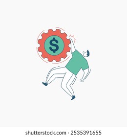 An illustration of a man reaching and grasping a large gear with a dollar sign on it.