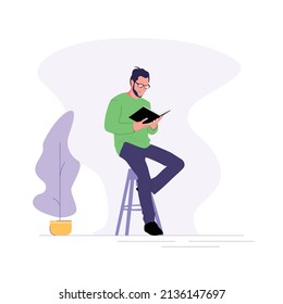 Ilustración de un hombre leyendo un libro en casa. Estilo de iluminación plana vectorial