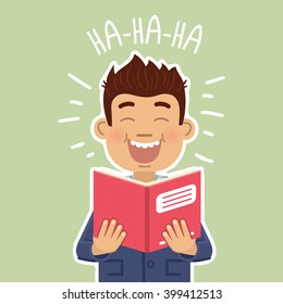 Illustration of a man reading a book and laughing. Cheerful businessman holding a book and reading a funny story. Simple style vector illustration