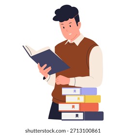 Illustration von Menschen lesen Buch und Stapel von Büchern. Person, die sich mit Lesen, Lernen und intellektuellen Hobbys beschäftigt