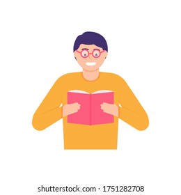 illustration of a man reading a book or studying. the concept of book ticks, book lovers, add to knowledge. flat design. can be used for elements, landing pages, UI.