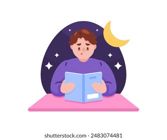 illustration of a man reading a book until midnight. The man looks tired and sleepy because he studied until midnight. studying too long. lifestyle. character design. flat style