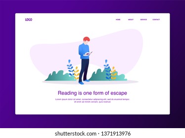 Illustration of man reading a book while standing with nature background. Modern flat design concept, landing page template.