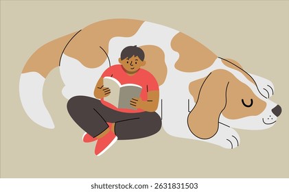 illustration of a man reading a book while leaning on a dog.