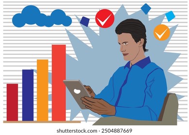 Illustration of a man reading business data on his tablet. The data symbol design ornament gives a picture of the ever-increasing business growth.