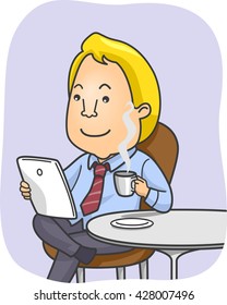 Illustration of a Man Reading the News on His Tablet While Drinking Coffee