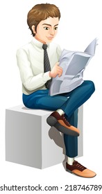 Illustration of a man reading a newspaper on a white background 
