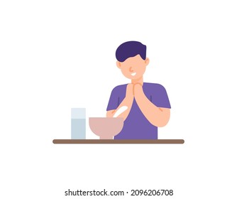 illustration of a man reading a prayer before eating or before breaking the fast. people activity. flat cartoon style. vector design. elements, ui, landing page