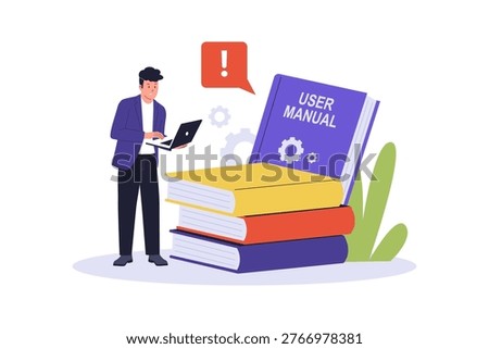 Illustration of Man Reading User Manual Book with Laptop. A businessman using a laptop next to a giant user manual book and gears, representing technical support and product instructions