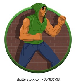 Illustration of a man ready to fight on brick background