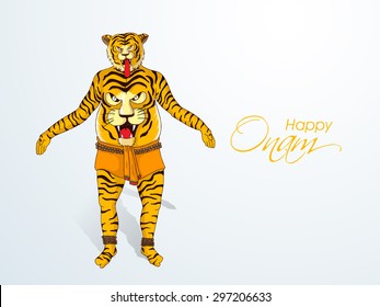 Illustration of a man ready for tiger dance (Puli Kali) on grey background for South Indian festival, Happy Onam celebration.