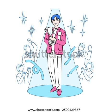 Illustration of a man receiving an award with a trophy Main character