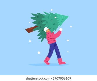 Ilustração de um homem com uma jaqueta vermelha andando e carregando uma árvore de Natal. Preparação para celebrações ou eventos de Natal. Atividades de inverno. Pinho ou pinheiro. Design de estilo plano. Fundo azul.