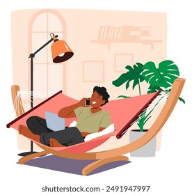 Illustration Of A Man Relaxing In A Hammock Indoors, Multitasking With A Laptop And Phone. Cartoon Vector Scene Exudes Comfort And Productivity In A Cozy Home Setting With Plants And Modern Decor