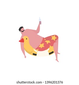 Illustration of man relaxing on a rubber duck ring