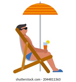 illustration of the man relaxing on the summer tropical beach under the umbrella