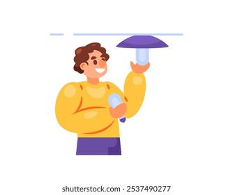 illustration of a man replacing an old or broken lamp with a new lamp. technician. activity person. flat style character design. element