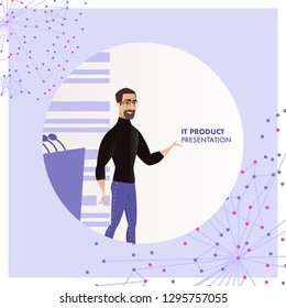 Illustration Man Represent IT Product Presentation. Banner Vector Image Bearded Man with Glasses Represent New Product Technology Company. Speech from Stage. Podium with Microphone for Event Speaker