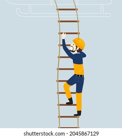 Illustration Of Man Rescue Worker Wearing Safety Helmet Climbing Up A Helicopter Ladder