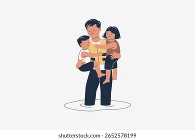 Illustration of Man Rescuing Children from Flood