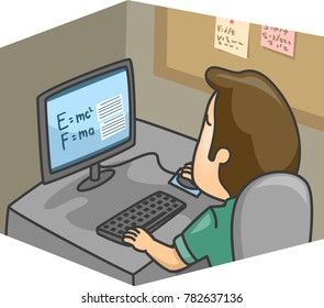 Illustration of a Man Researching Formula of Physics in the Internet