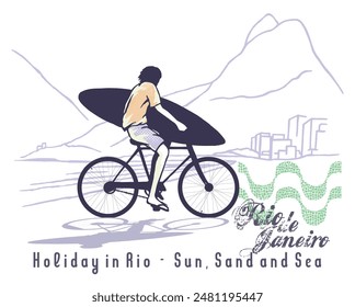 Illustration of a man riding a bicycle on the beach in Rio de Janeiro, Brazil.