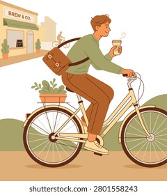 An illustration of a man riding a bicycle while holding a coffee cup and wearing a brown bag on his back, passing by a coffee shop. with a plant filled basket attached to the bike.