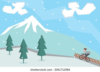 An illustration of man riding bike at the snowy hill