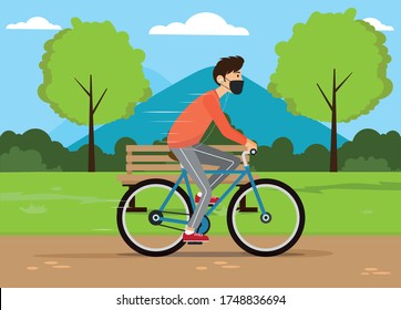 An illustration of a man riding bike  wear mask in the new normal situation with mountain view background