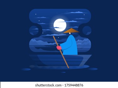 
illustration of a man riding a boat at night to see beautiful scenery at night