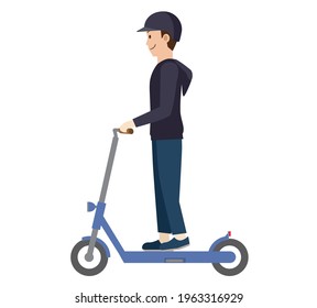 Illustration of a man riding an electric kickboard. Sports, entertainment, transportation, vector data.