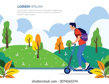 Illustration man riding with electric scooter in flat color design and lansdcape background