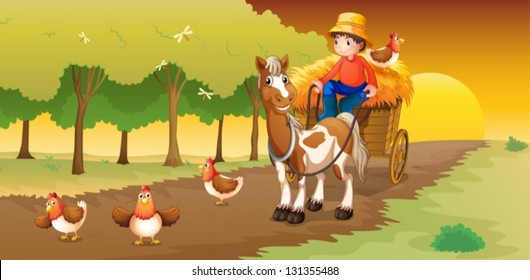 Illustration of a man riding in his cart going to the farm