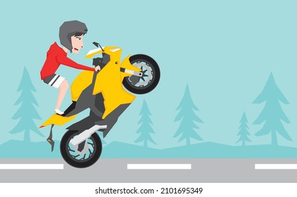 An illustration of a man riding motorsport and doing some wheelie 