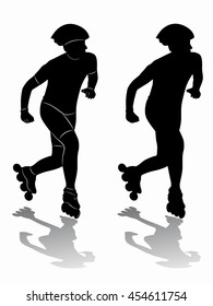 Illustration of man riding on skates . black and white draw. white background