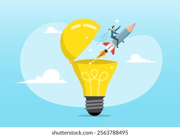 An illustration of man riding pencil rocket from opening lightbulb. Creativity to create new idea, imagination or invention, writing content or boost creative thinking concept