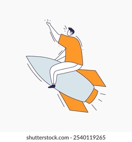 An illustration of a man riding a rocket upwards with an outstretched arm, symbolizing ambition and success.