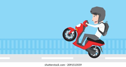 An illustration of a man riding scooter and doing some wheelie 