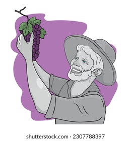 illustration of man from Rio Grande do Sul state picking wine grapes at farm or vineyard outdoors.