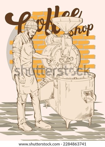 Illustration of a man roasting coffee. Hand drawn coffee roaster. Vector vintage roaster. Roasted coffee beans. Can be used for packaging or label design