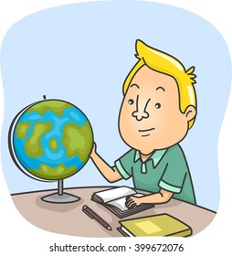 Illustration of a Man Rotating the Globe to Find a Location