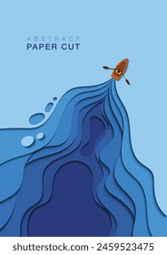 Illustration of a man rowing boat on a blue water surface in paper cut effect. Design for book covers, presentation or other prinings. Upper copy space included.