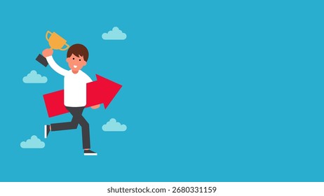 An illustration of a man running above the clouds, holding a trophy and a large arrow pointing forward. This visual symbolizes progress and the spirit of achieving goals.