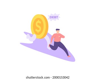 illustration of a man running after being chased by coins. being chased by debt, borrowed money, being billed for debt. run away from debt collectors. Financial Problem. flat cartoon style. vector