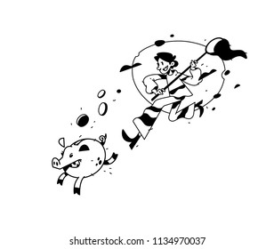 Illustration of a man running after a piggy bank with a net. Vector illustration. Image is isolated on white background. Earnings on bank deposits. Investment of money. In pursuit of profit.