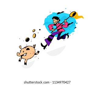 Illustration of a man running after a piggy bank with a net. Vector illustration. Image is isolated on white background. Earnings on bank deposits. Investment of money. In pursuit of profit.