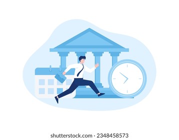 illustration of a man running from the bank with a clock and calendar trending concept flat illustration
