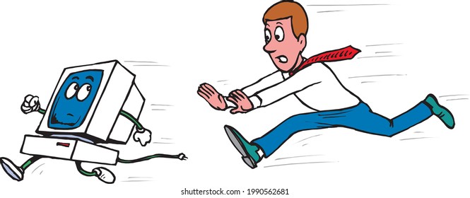 illustration of man running behind computer isolated on white