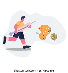 illustration of man running carrying a large syringe chasing a virus